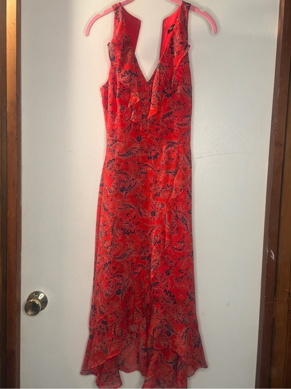 Kensie Red Paisley V-Neck Ruffle Maxi Dress